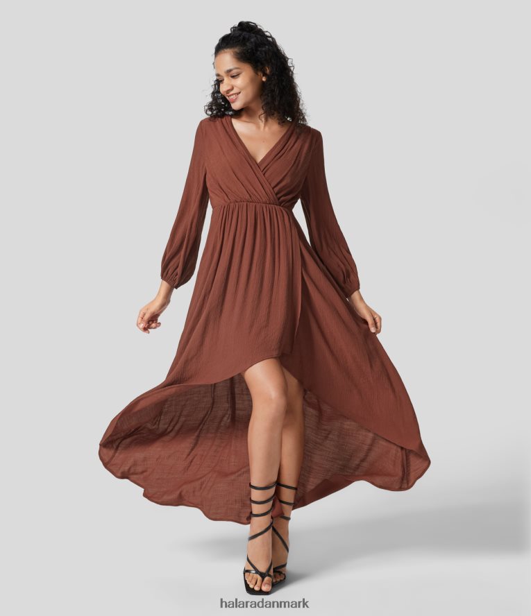 tøj dk Halara Kvinder dyb v-udskæring, langærmet pletkrydset forneden høj lav flydende maxi casual kjole brandy snifter TH606J1202