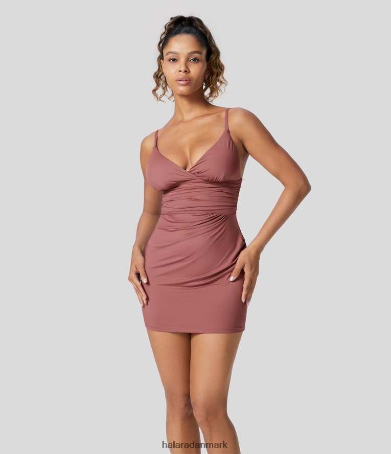 tøj dk Halara Kvinder dyb v-udskæring ruched justerbar rem med rygfri udskæring bodycon mini festkjole lys rosa rød TH606J1022
