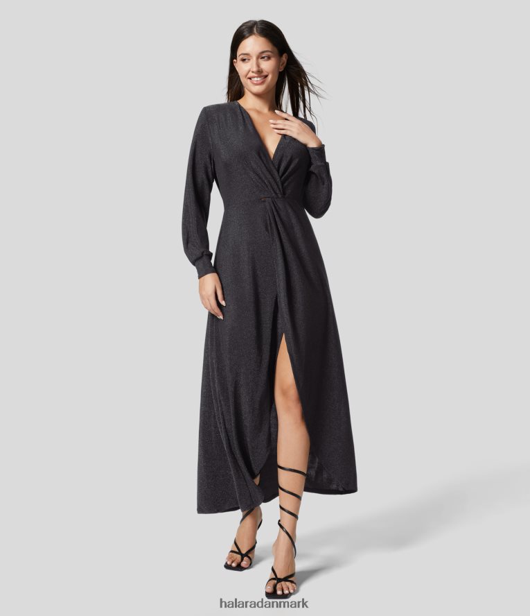 tøj dk Halara Kvinder dyb v-udskæring, rynket asymmetrisk kant i metallisk festkjole glitter sort blå TH606J1222