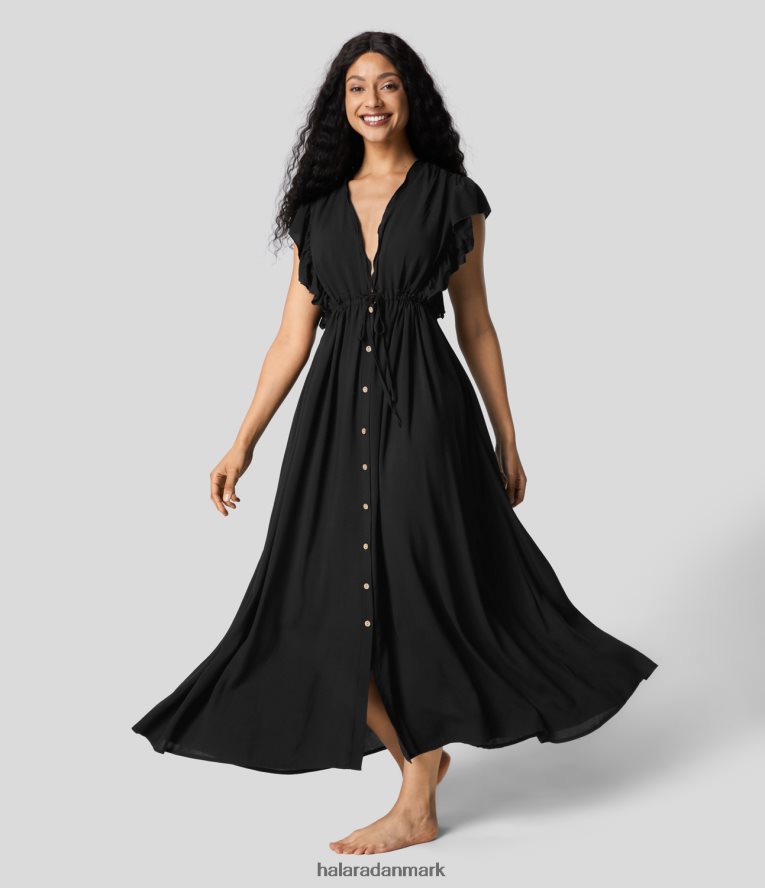 tøj dk Halara Kvinder dyb v-udskæring sommerfugleærmer rygløs snøre knap sidelomme flydende maxi afslappet kjole sort TH606J1145