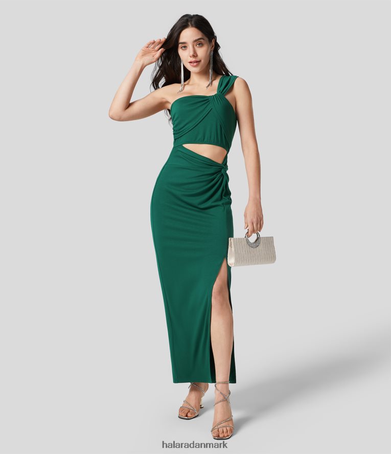 tøj dk Halara Kvinder en skulder snoet udskåret rygløs split maxi festkjole stedsegrøn TH606J1199