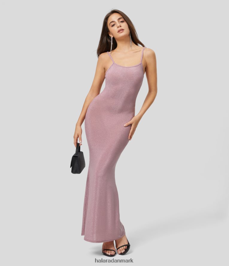 tøj dk Halara Kvinder gennemsigtig rygløs justerbar rem bodycon metallic maxi slip festkjole glitter abrikos pink TH606J1122