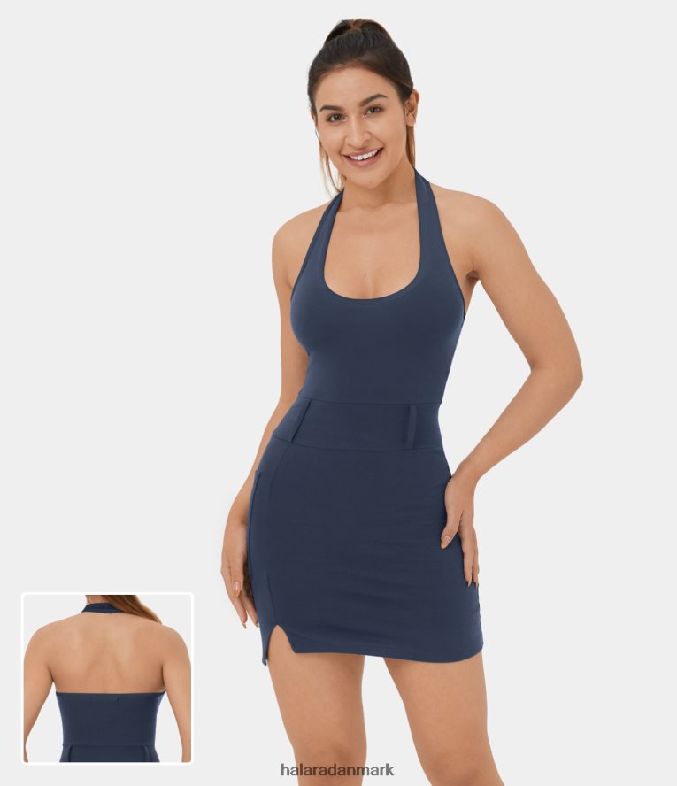 tøj dk Halara Kvinder grime bagløs delt sidelomme bodycon mini afslappet kjole dyb flåde TH606J1010