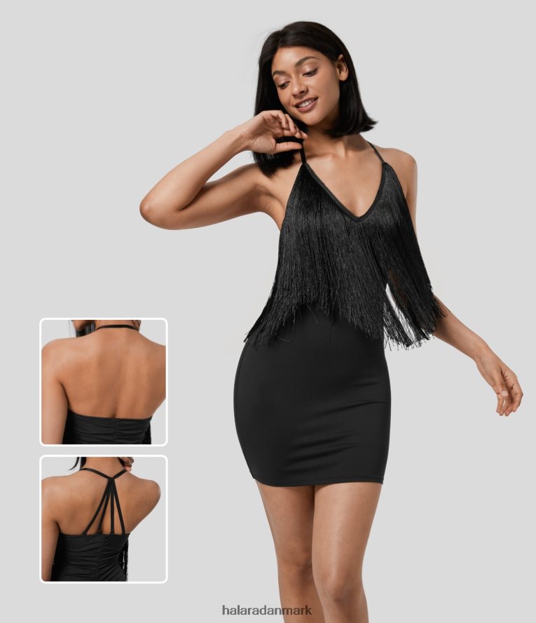 tøj dk Halara Kvinder grime rygløs aftagelig strop frynser bodycon ruched mini slip resort kjole opmuntret TH606J1080