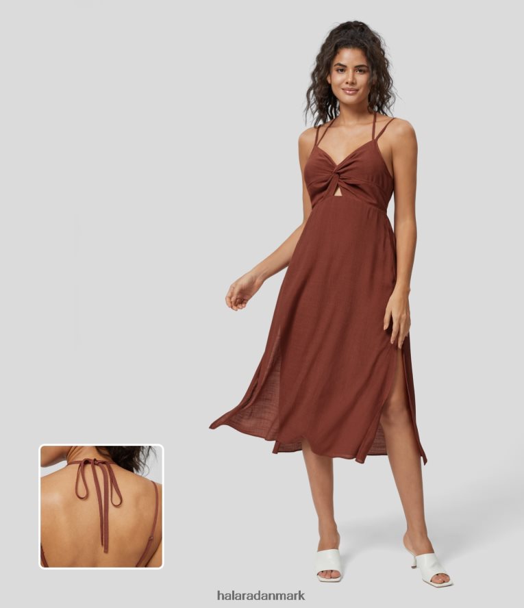 tøj dk Halara Kvinder grime snoet udskåret rygløs splitsøm flydende midi casual kjole brandy snifter TH606J1171