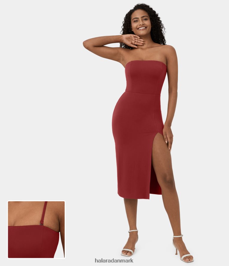 tøj dk Halara Kvinder justerbar og aftagelig strop, rygløs split midi casual kjole rød dahlia TH606J1239