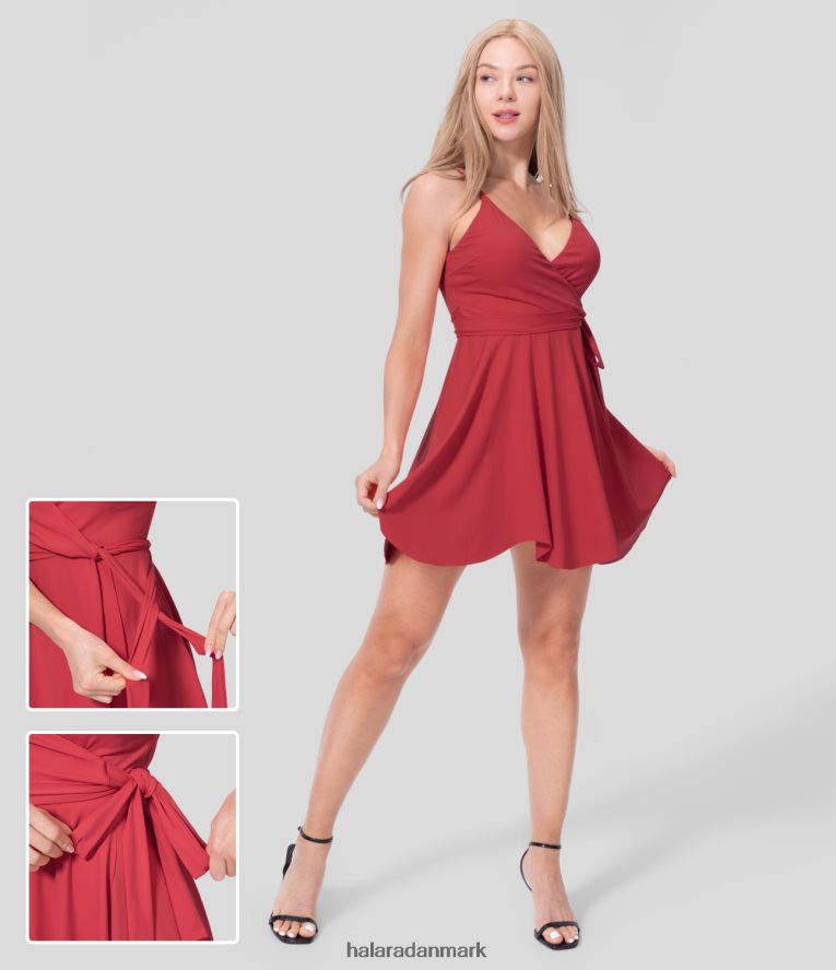 tøj dk Halara Kvinder justerbar rem med rygløs bindebånd i siden med flæse slip flydende mini afslappet kjole salsa TH606J1057