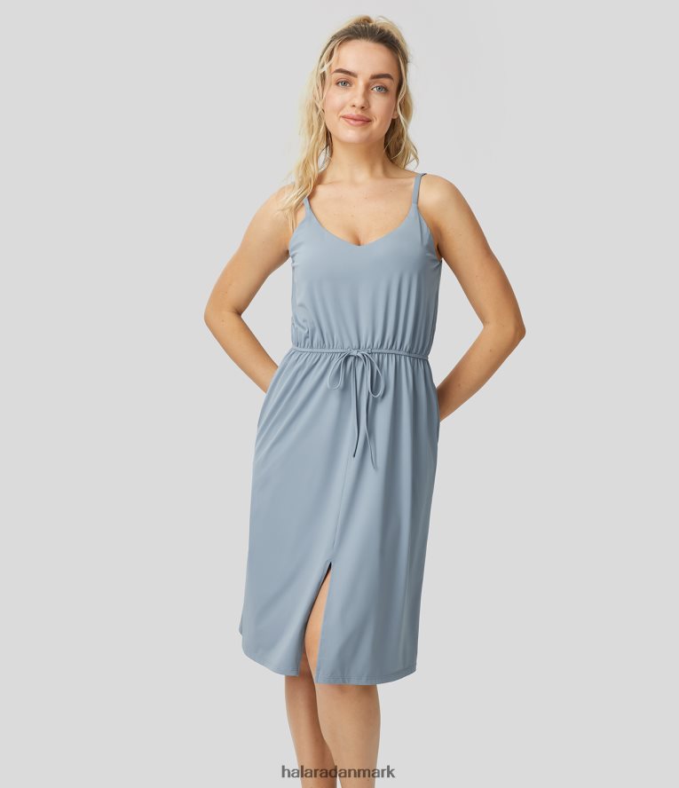 tøj dk Halara Kvinder justerbar rem med rygløs snøre i sidelomme split cool touch midi casual slip kjole blå tåge TH606J1242