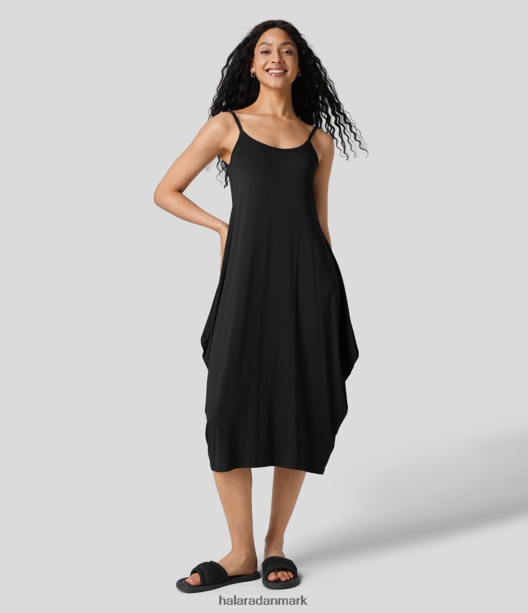 tøj dk Halara Kvinder justerbar strop rygløs draperet relax midi casual slip kjole sort TH606J1153