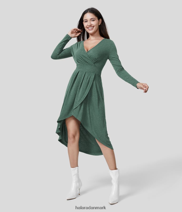 tøj dk Halara Kvinder langærmet dyb v-hals, flettet høj lav crossover søm flydende midi casual kjole mørkegrønt blomstret garn TH606J1211