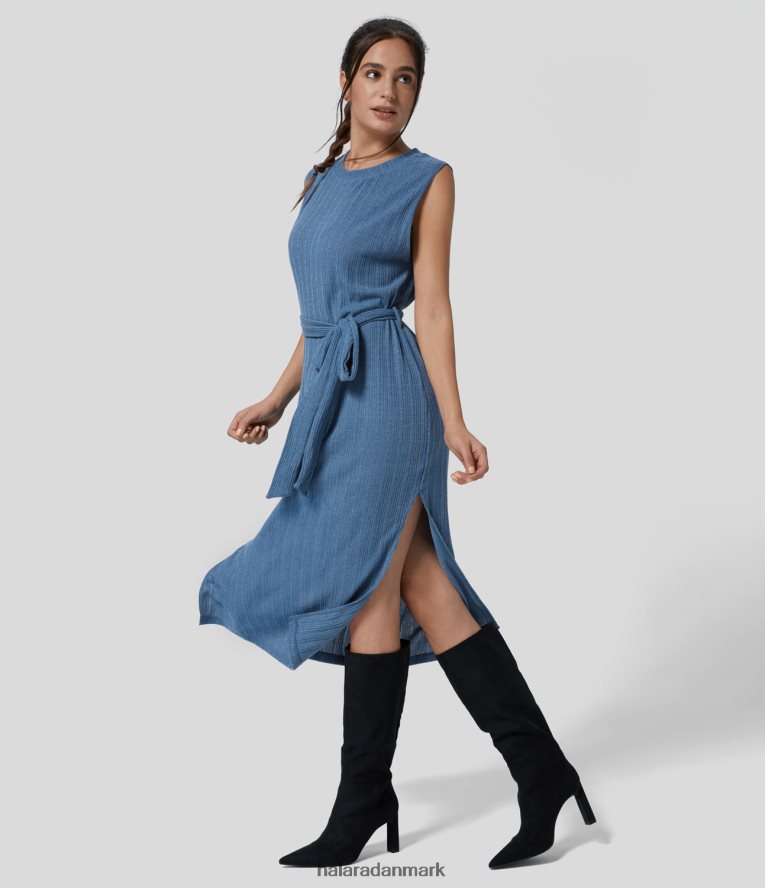 tøj dk Halara Kvinder rib, rund hals, ærmeløs, bæltede splitsøm solid midi casual kjole gran blå TH606J1209