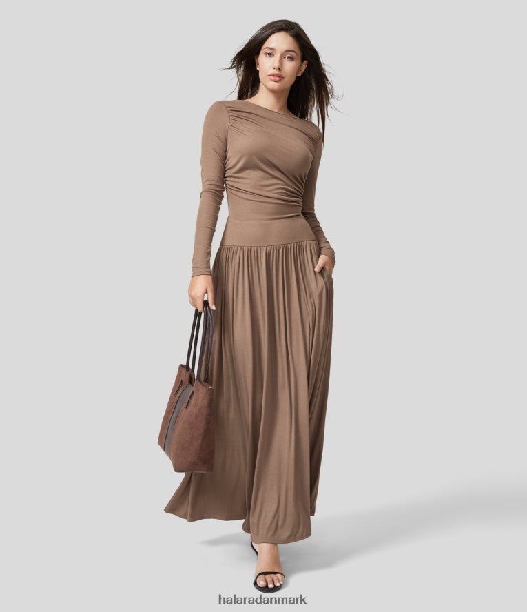 tøj dk Halara Kvinder ribbet bådhals rynket sidelomme flydende maxi afslappet kjole bæver pels TH606J1149