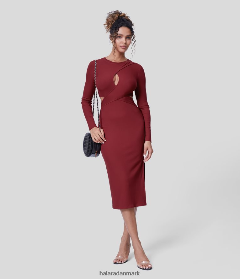 tøj dk Halara Kvinder ribbet crossover udskæring langærmet splitsøm bodycon midi festkjole skarlagensmil TH606J1123