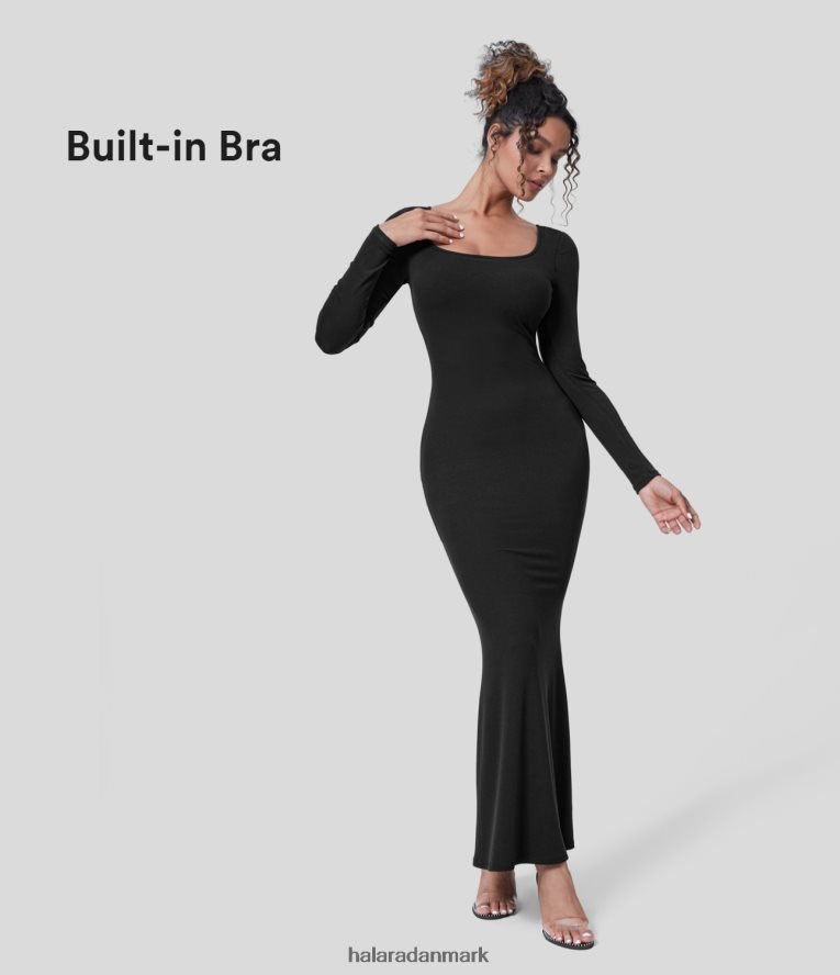 tøj dk Halara Kvinder ribbet u-hals langærmet bodycon maxi festkjole sort TH606J1110