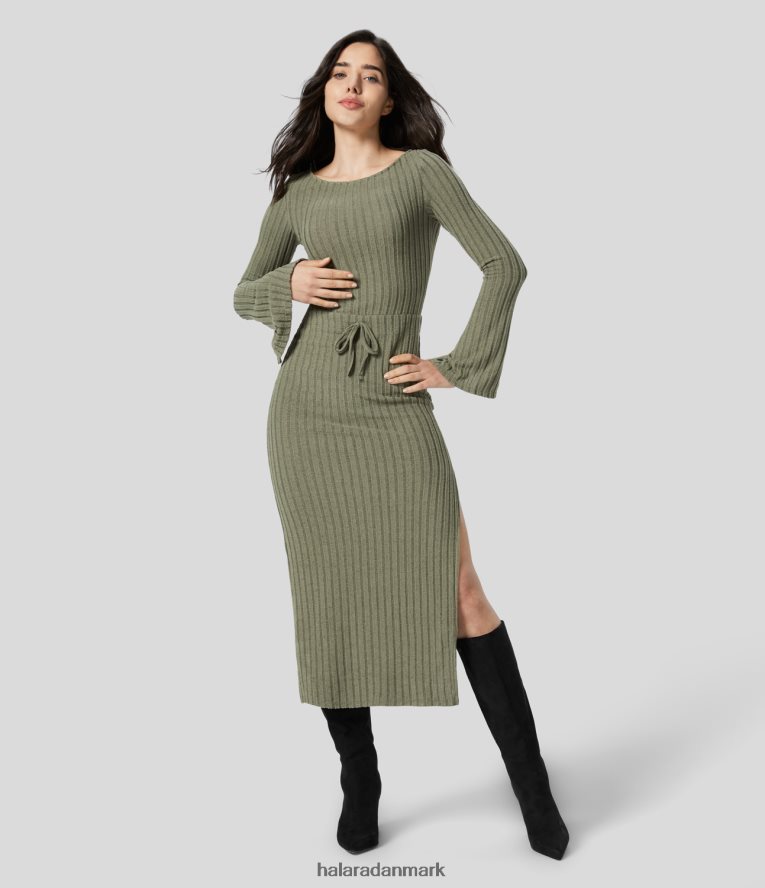 tøj dk Halara Kvinder ribstrikket bådhals split flare langærmet sløjfe bodycon midi casual kjole mosgrøn blomsterfløjl TH606J1120