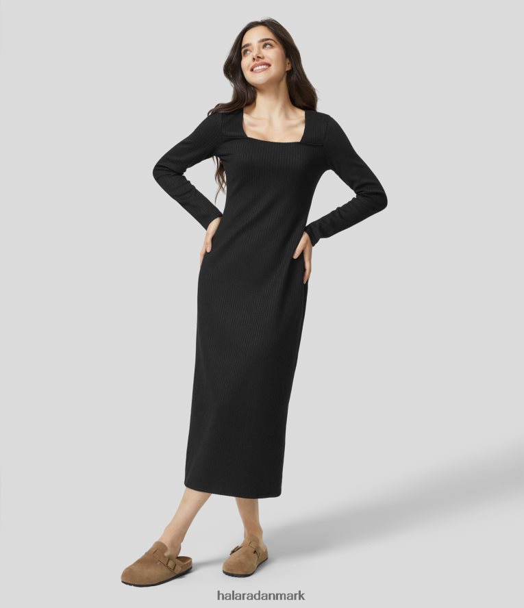 tøj dk Halara Kvinder ribstrikket firkantet halsudskæring med lange ærmer, slim afslappet midikjole sort TH606J1224