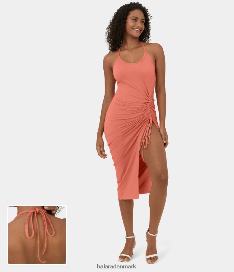 tøj dk Halara Kvinder ribstrikket grime med bindebånd tilbage rygløs rynket snor med splitsøm bodycon midi casual kjole laks TH606J1099