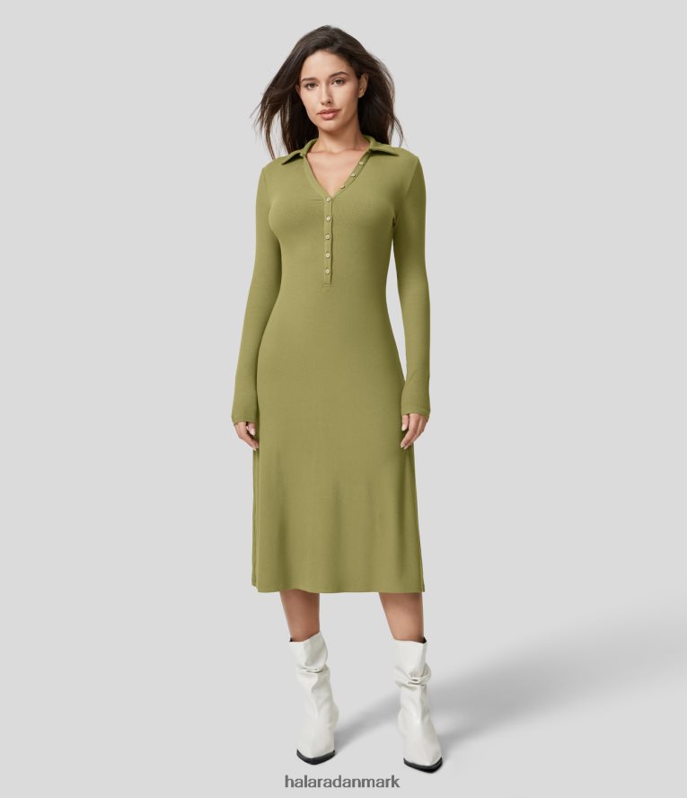 tøj dk Halara Kvinder ribstrikket henley-udskæring med langærmet afslappet midikjole grøn oliven TH606J1169