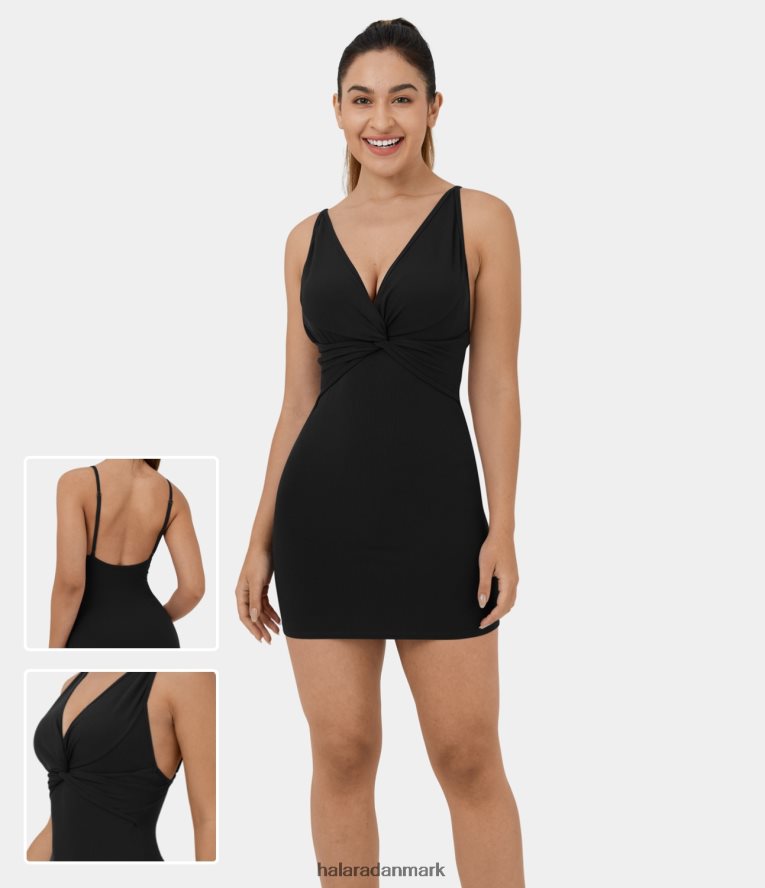 tøj dk Halara Kvinder ribstrikket ærmeløs rygløs dyb v-hals snoet mini afslappet kjole sort TH606J1037