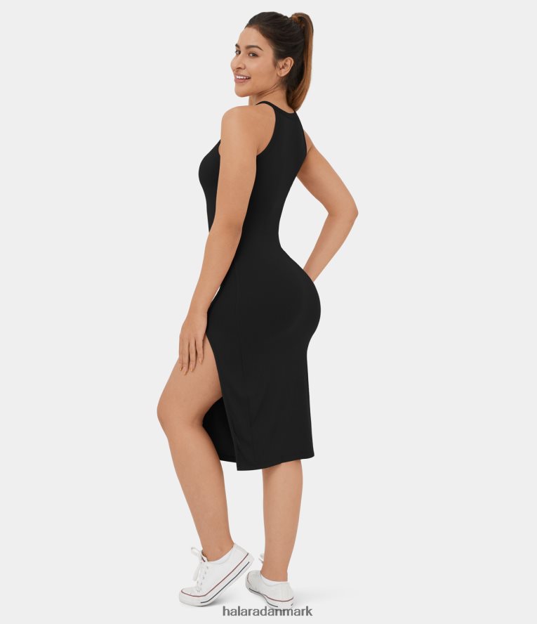 tøj dk Halara Kvinder ribstrikket rund hals split bodycon midi casual kjole sort TH606J1102