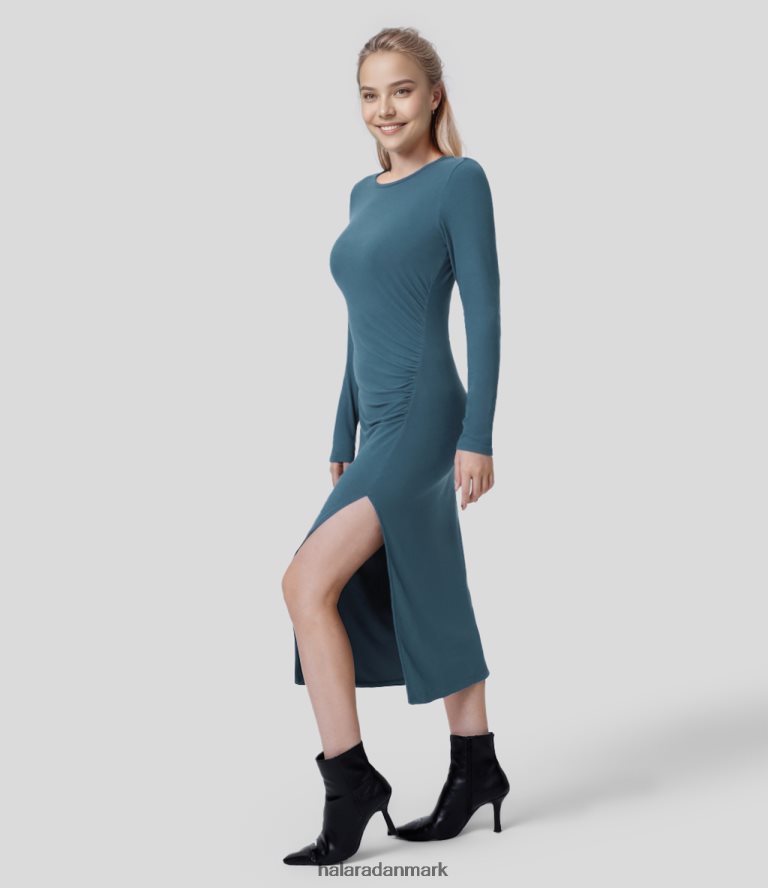 tøj dk Halara Kvinder ribstrikket rund halsudskæring med langærmet ruched split solid midi casual kjole dybt dyk TH606J1218