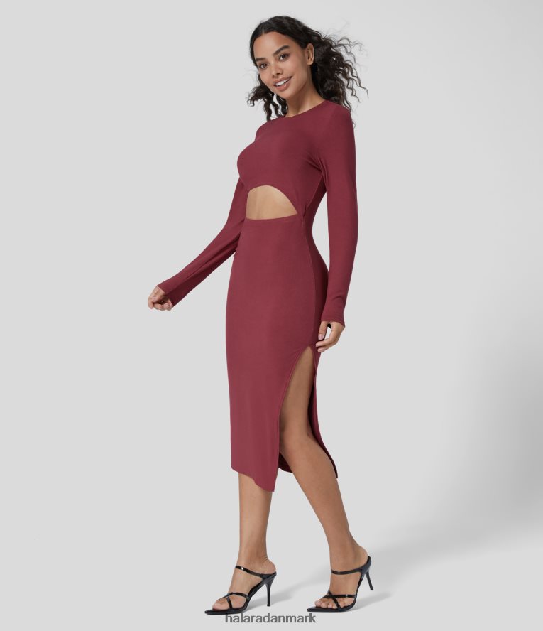 tøj dk Halara Kvinder ribstrikket rund halsudskæring med lange ærmer med splitsøm solid bodycon midi casual kjole rubin vin TH606J1086