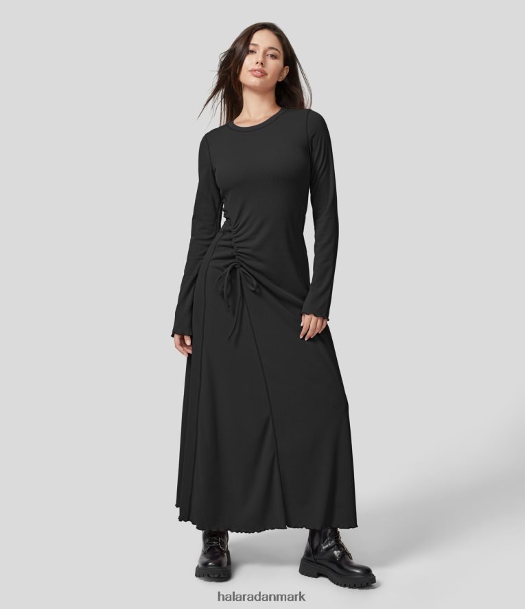 tøj dk Halara Kvinder ribstrikket snøre med knude med salatkant, flare søm afslappet maxikjole sort TH606J1238