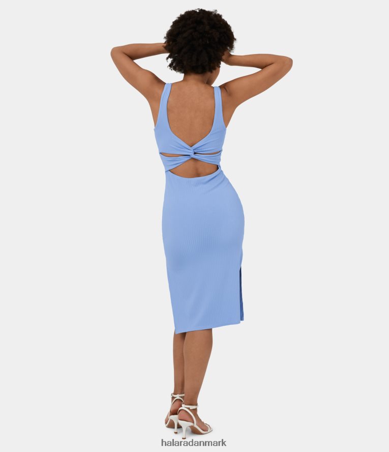 tøj dk Halara Kvinder ribstrikket u-hals ærmeløs rygløs snoet udskæring split bodycon midi casual kjole vista blå TH606J1128