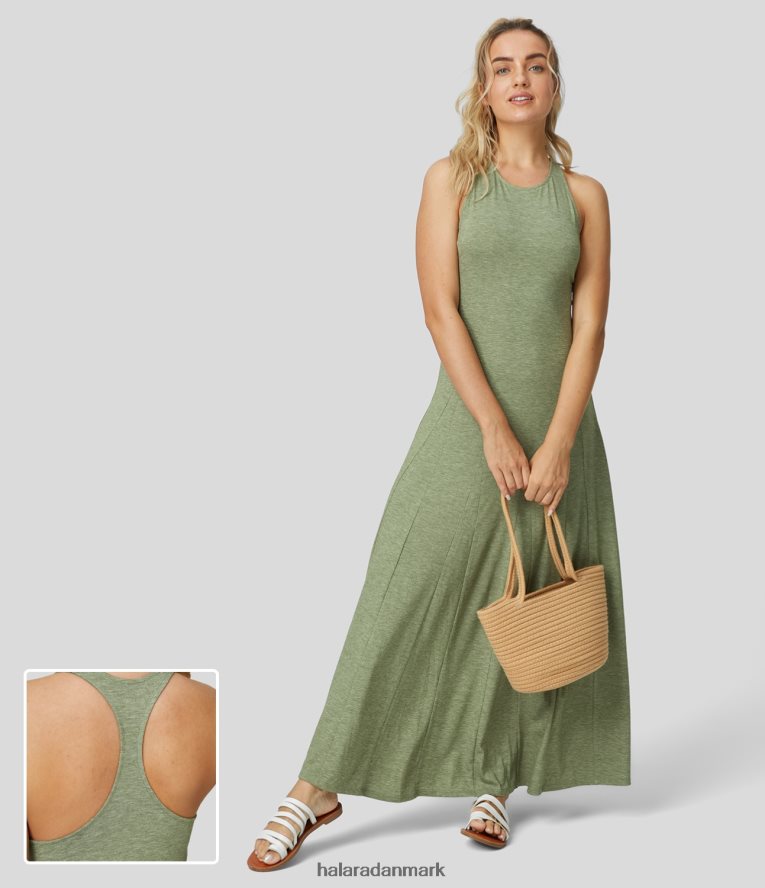tøj dk Halara Kvinder ærmeløs rygløs racerback flydende maxi afslappet kjole lysegrønt blomstergarn TH606J1164
