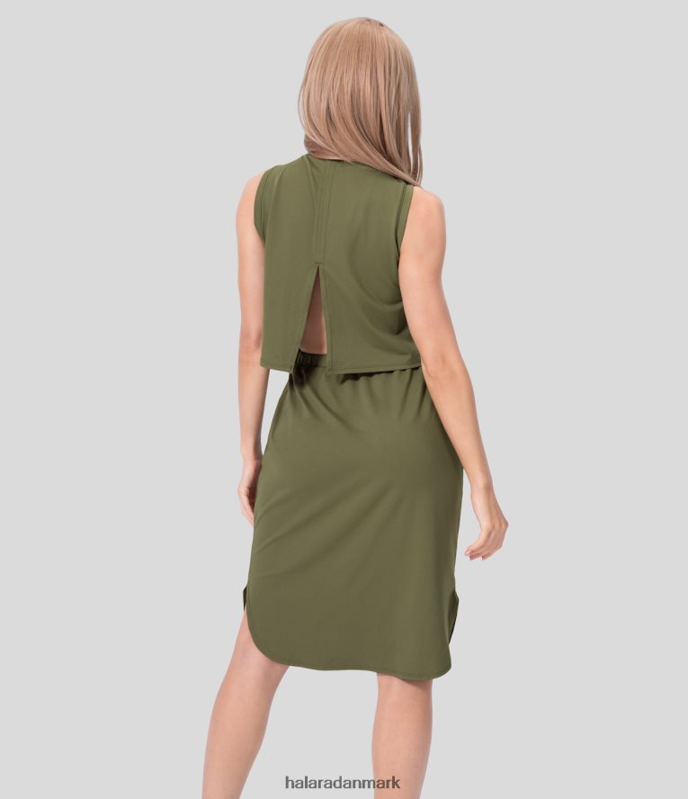 tøj dk Halara Kvinder ærmeløs sidelomme med rund hals, udskåret buet kant i et stykke midi casual kjole kapulet oliven TH606J1232