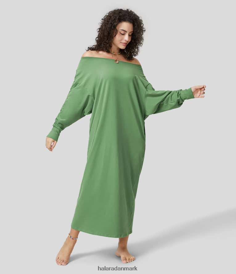 tøj dk Halara Kvinder rund hals langærmet sidelomme afslappet lang midi afslappet bomuldskjole jadesheen TH606J1183