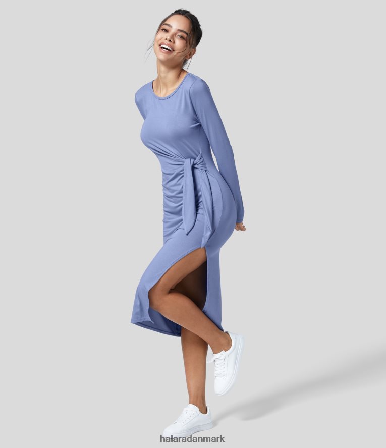 tøj dk Halara Kvinder rund hals, langærmet, split bodycon midi casual kjole med snørebånd bleget denim TH606J1121