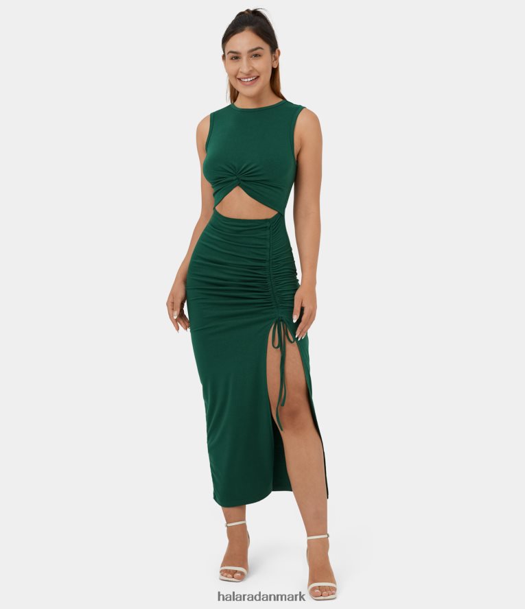 tøj dk Halara Kvinder rund hals med snoet udskæring rynket snor med splitsøm bodycon midi casual kjole regnskov TH606J1082