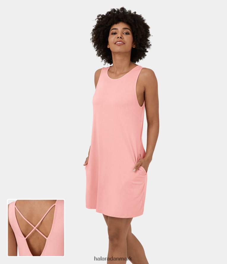 tøj dk Halara Kvinder rund hals ærmeløs rygløs mini afslappet kjole på kryds og tværs i sidelomme bleg roset TH606J1012