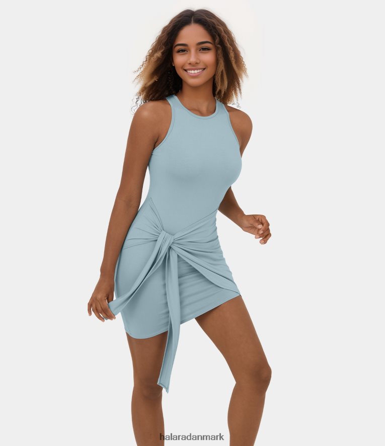 tøj dk Halara Kvinder rund hals ærmeløs slips foran bodycon mini casual kjole sterling blå TH606J1018