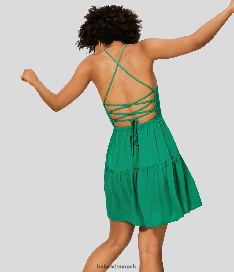 tøj dk Halara Kvinder rygløs justerbar rem på kryds og tværs, rynket pletflydende mini afslappet kjole parakit TH606J973