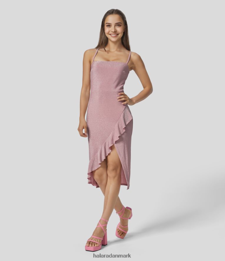 tøj dk Halara Kvinder rygløs på kryds og tværs asymmetrisk flæsekant metallisk midi slip festkjole glitter abrikos pink TH606J1210