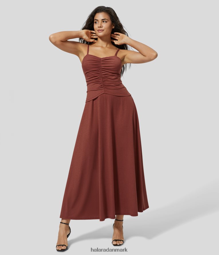 tøj dk Halara Kvinder rygløs rynket flydende maxi afslappet underkjole krydret æble TH606J1184