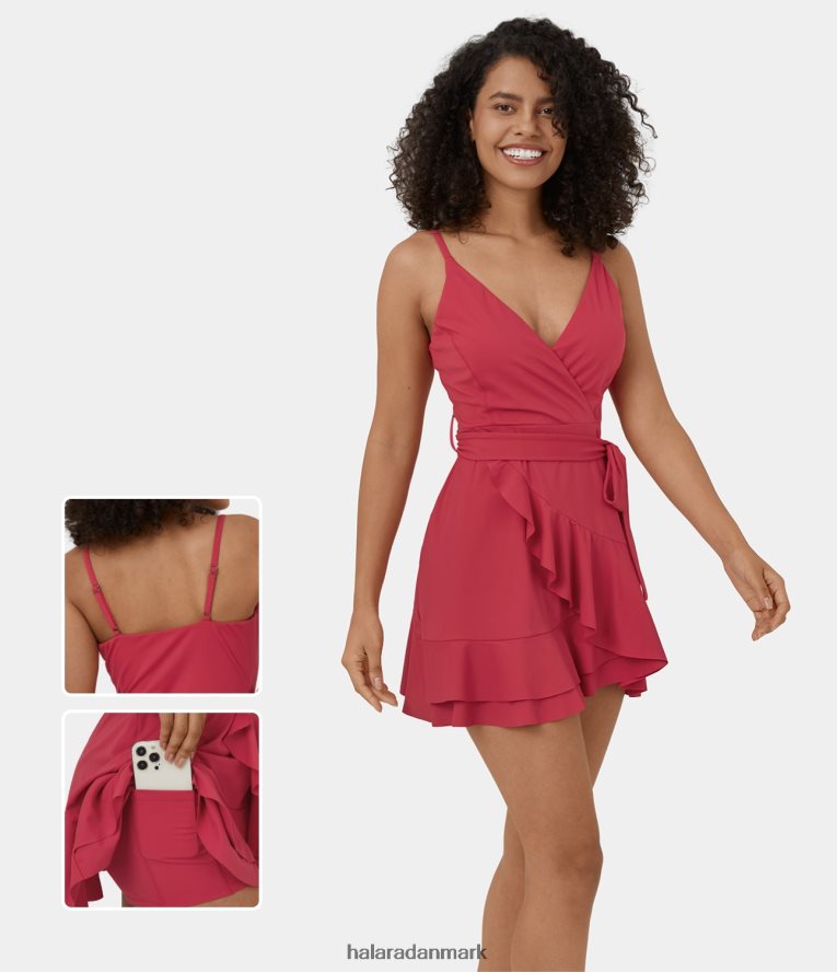 tøj dk Halara Kvinder rygløs v-hals ærmeløs bindebånd sideflæser 2-delt sidelomme flydende afslappet minikjole vinterbær TH606J970