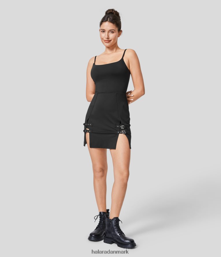 tøj dk Halara Kvinder rygløst split justerbart spænde 2-i-1 bodycon mini afslappet underkjole sort TH606J1025
