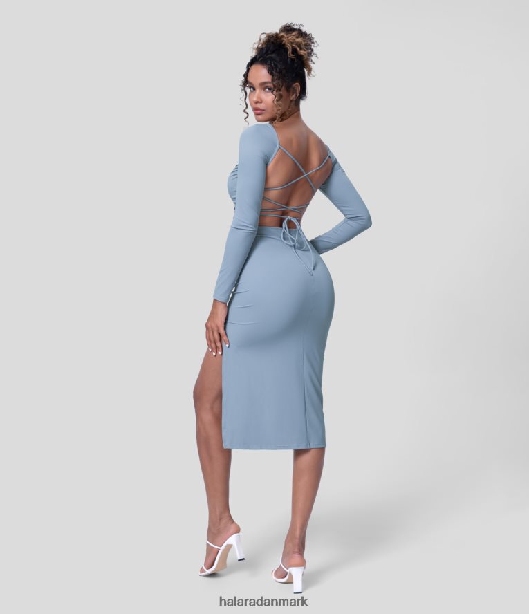 tøj dk Halara Kvinder rynket rygløs på kryds og tværs snørebånd med lange ærmer split bodycon midi casual kjole snefnug blå TH606J1088