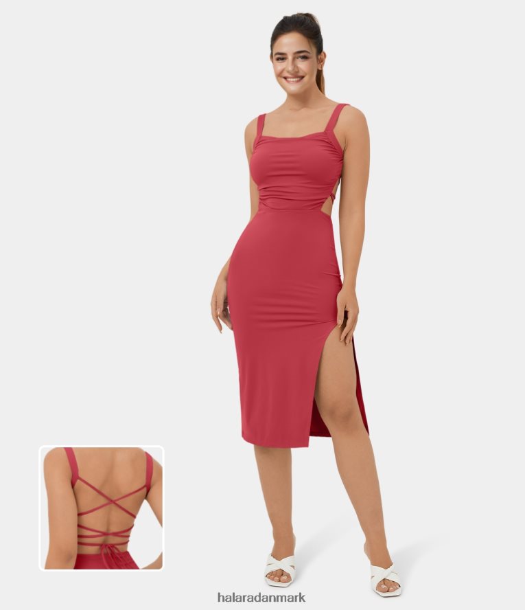 tøj dk Halara Kvinder rynket rygløs på kryds og tværs snørebånd split bodycon midi casual kjole vinterbær TH606J1081
