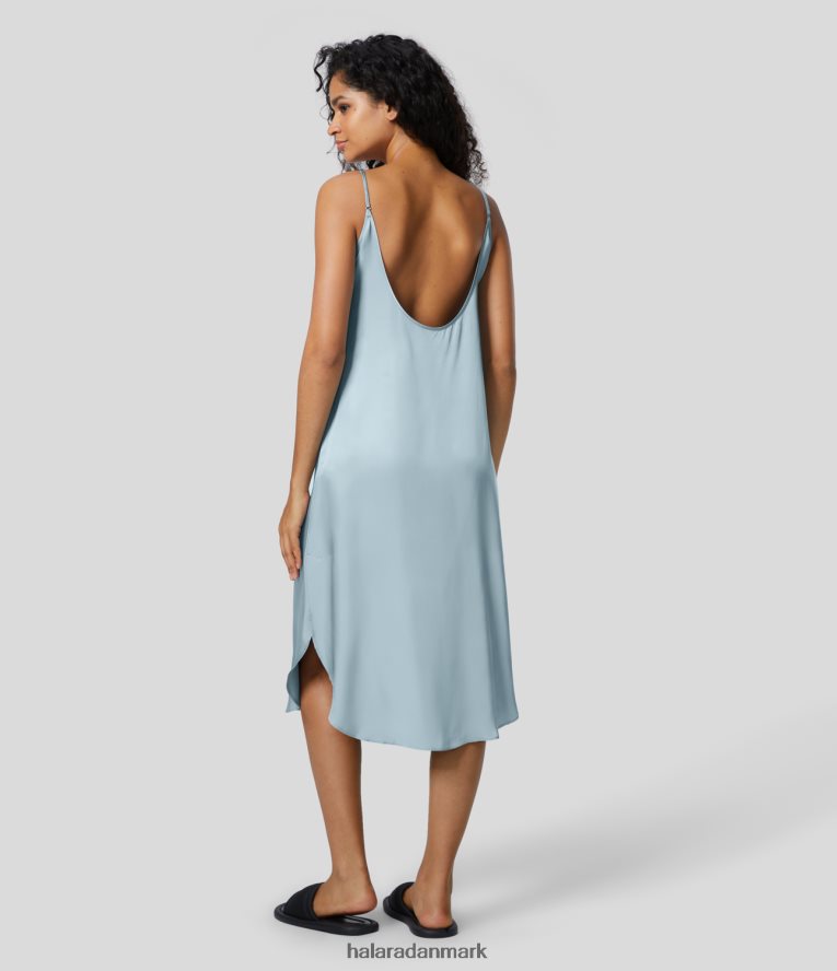 tøj dk Halara Kvinder satinlignende midi afslappet underkjole med buet søm uden ryg sterling blå TH606J1248