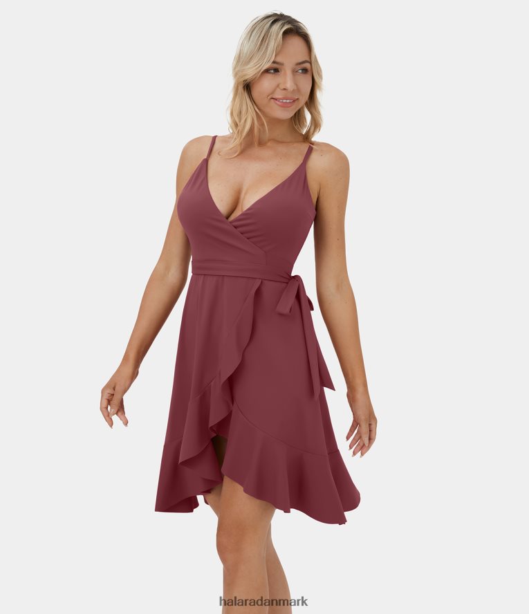 tøj dk Halara Kvinder softlyzero luftig dyb v-hals justerbar rem med rygløs bælte flæsekant midi cool touch afslappet kjole - ingen liner shorts cordovan TH606J1170