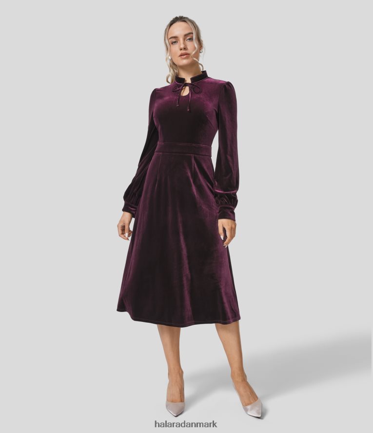 tøj dk Halara Kvinder stå krave binde front side usynlig lynlås midi fløjl festkjole mørk lilla TH606J1250