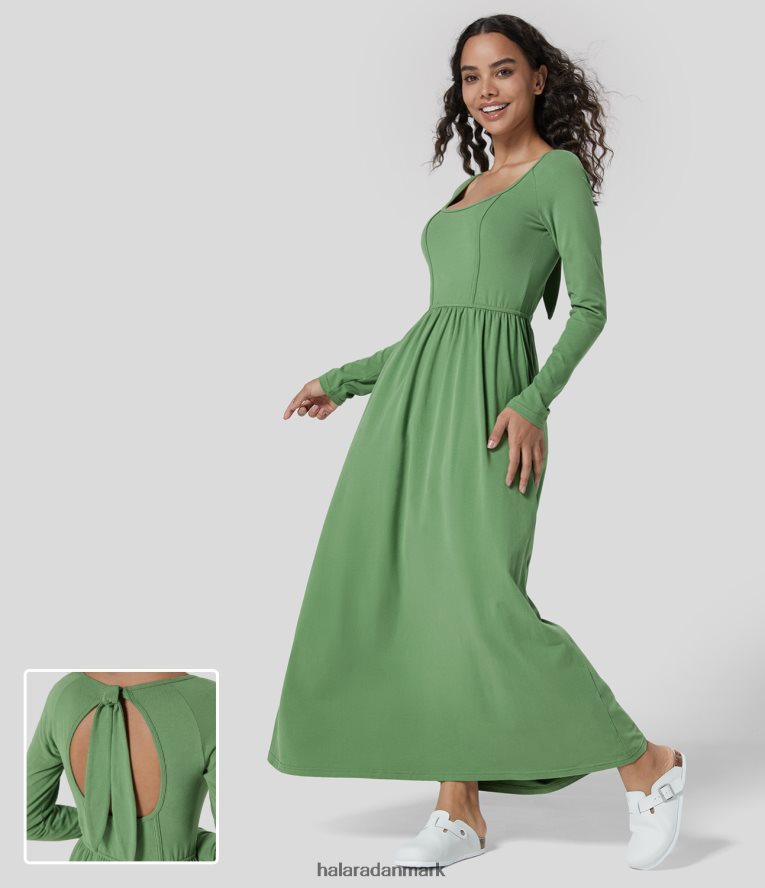 tøj dk Halara Kvinder u hals rygløs binde tilbage lange ærmer plet maxi casual bomuldskjole jadesheen TH606J1245