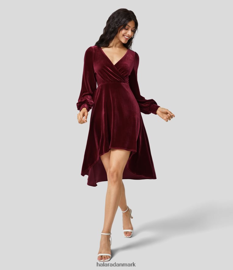 tøj dk Halara Kvinder v-hals crossover flettet biskop ærme høj lav flydende fløjl midi casual kjole sangria TH606J1213