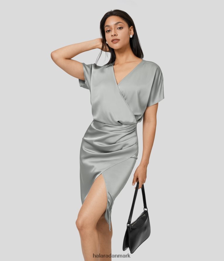 tøj dk Halara Kvinder v-hals crossover usynlig lynlås rynket split midi satin-lignende afslappet kjole original TH606J1172