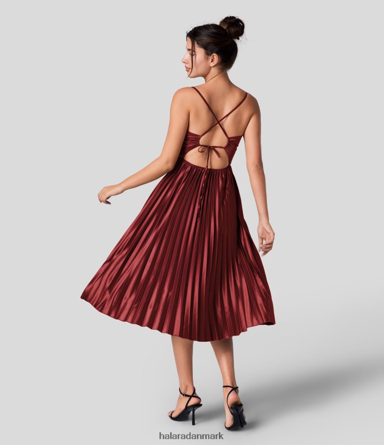 tøj dk Halara Kvinder v-hals rygløs på kryds og tværs snørebånd plisseret midi festkjole original TH606J1158