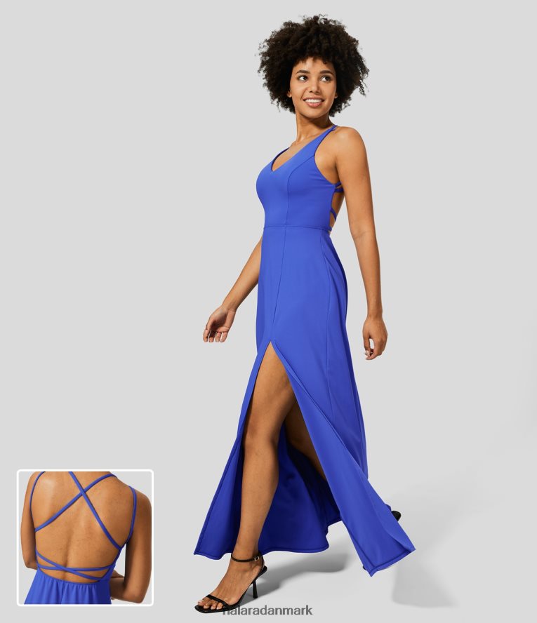 tøj dk Halara Kvinder v-hals, rygløs på kryds og tværs splitsøm flydende maxi afslappet kjole aster blå TH606J1187